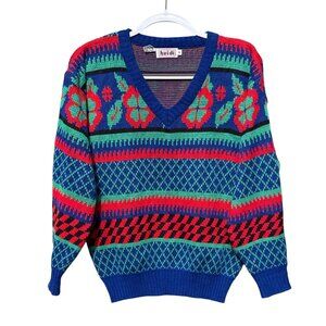 Vintage Heidi V-Neck Knit Sweater Floral & Geometric Patterns Korea M Acrylic